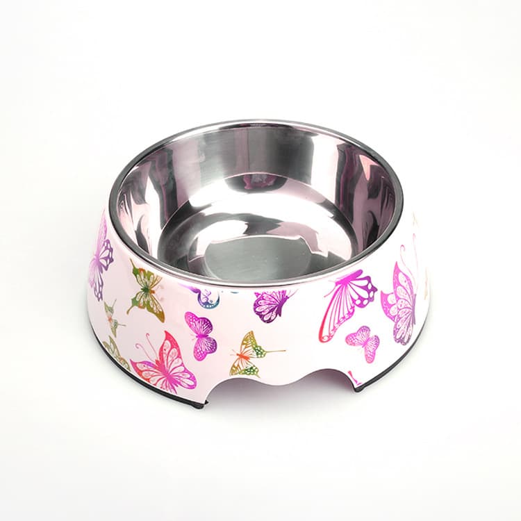Butterfly pattern stainless steel pet bowl with polished interior