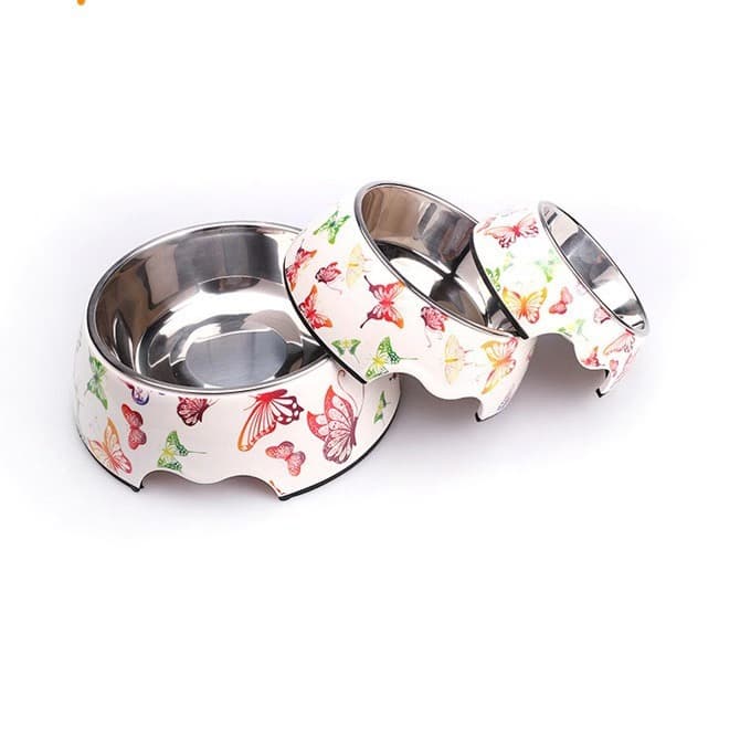 Butterfly pattern stainless steel pet bowl size options