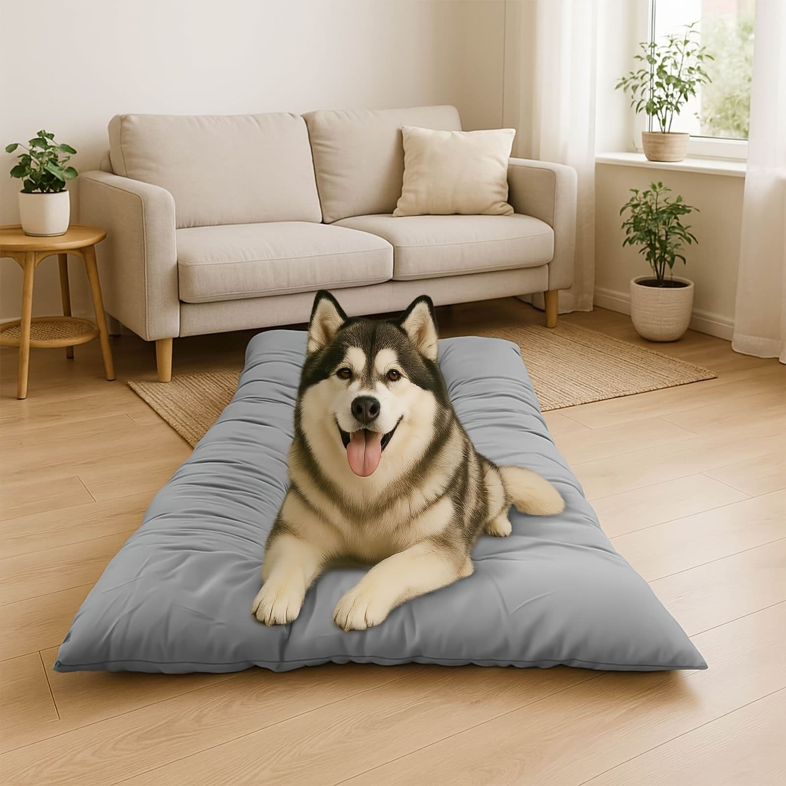 Gray cooling sofa dog bed used in a living room