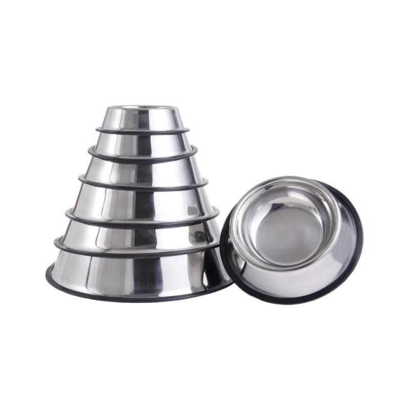 Stacked stainless steel dog bowls in multiple sizes