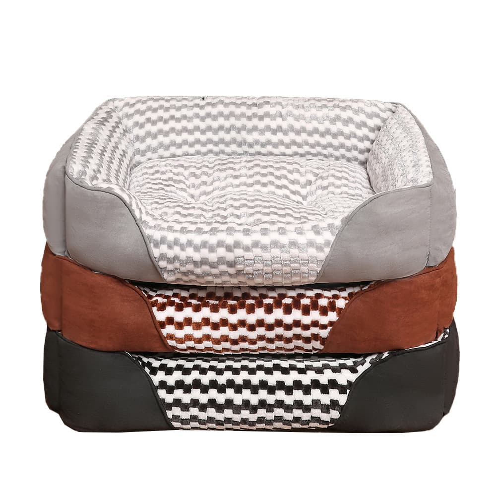 Coffee black and light gray square checkered plush dog bed color options