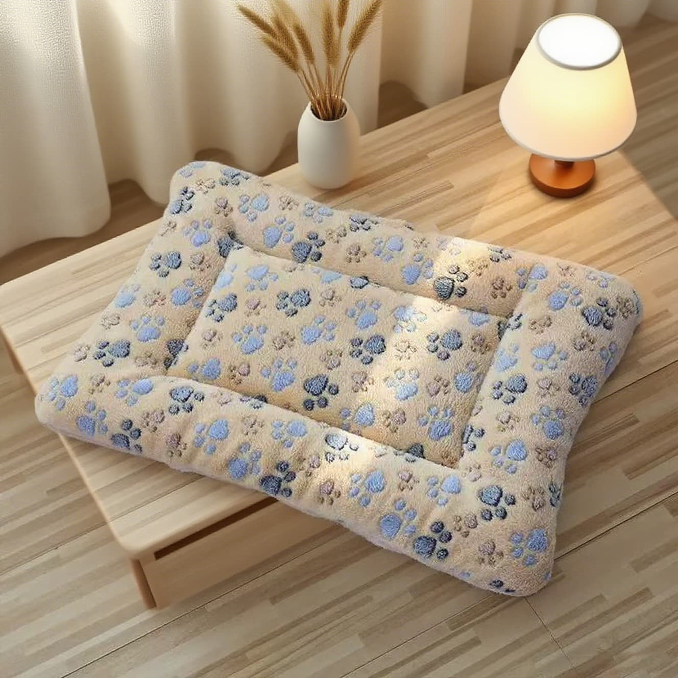 Light coffee paw coral fleece padded pet mat on a bench