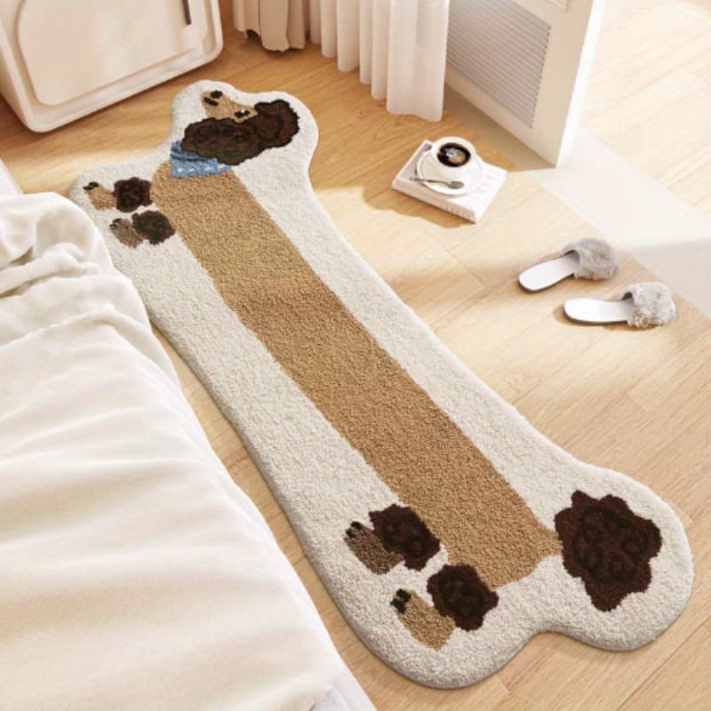 Blue scarf dog shaped plush bedside mat on a bedroom floor