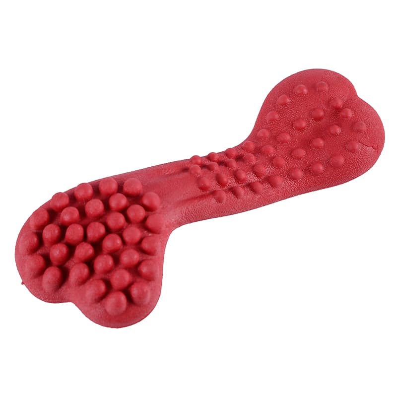 Red TPR bone chew toy showing raised brushing texture