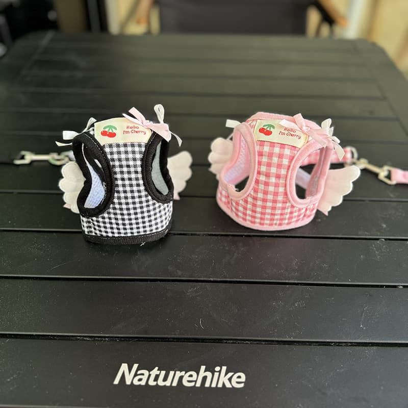 Black and pink winged gingham pet harness color options